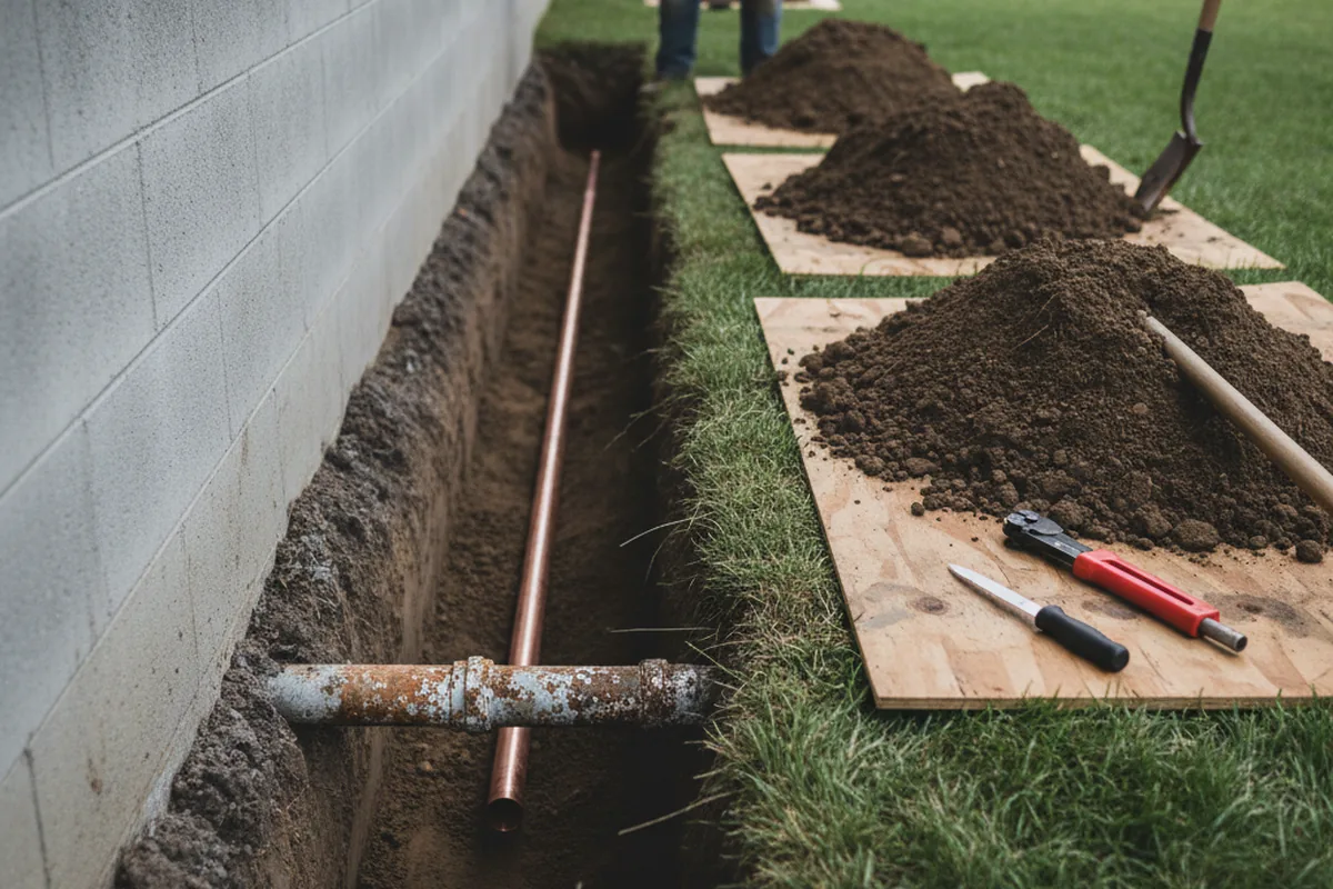 Excavated water line trench during Water Softener Installation in Longmeadow
